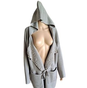 California Moon Rise grey soft hooded cardigan large lapel, pearls, pock…